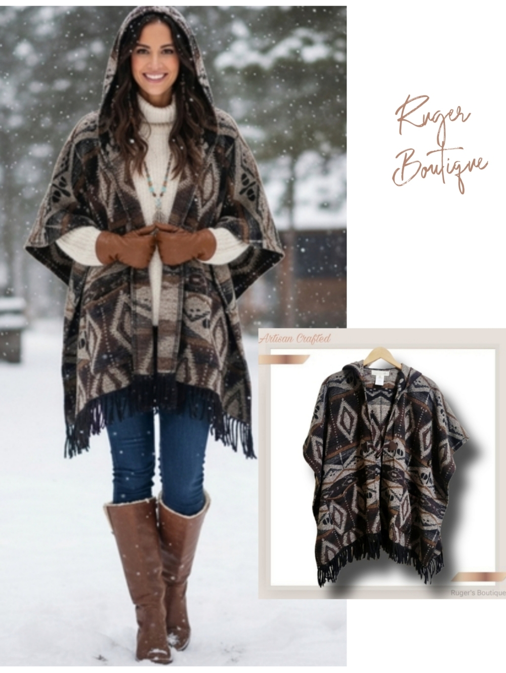 🌿Artisan Crafted Women's Medium Boho Hooded Cape Fringed Cardigan